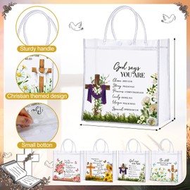 Amylove 36 Pcs Christian Church Gift Bags Bulk Clear PVC Religious Gift Bags with Handle Christian Bible Verse Flower Cross Goodie Pouches Church Welcome Totes for Women Baptism Party Favor Supplies