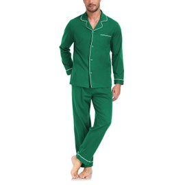 COLORFULLEAF Men's Long Pyjamas 100% Cotton Two-Piece Men's Pyjamas with Button Placket and Pockets, Green