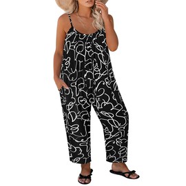 RITERA Plus Size Jumpsuit For Curvy Women 3X Wide Leg Pant Boho Geometry Sleeveless Adjustable Spahetti Strap Long Length Wide Leg Pant Summer Overall One Piece Outfit With Pocket 3XL 22W 24W