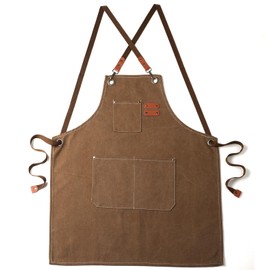 SHYIFOO Professional Canvas Workshop Apron, Brown Heavy-Duty Cotton with Leather Accents, Cross-Back Straps, Multiple Storage Pockets, Metal Grommets, for Workshop, Kitchen, Crafts