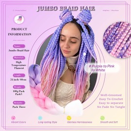 Ombre Braiding Hair 24 Inch Synthetic Hair Extensions for Braiding 3Pack/Lot Pre Stretched High Temperature Crochet Braiding Hair (#C37 Purple to Pink to White)