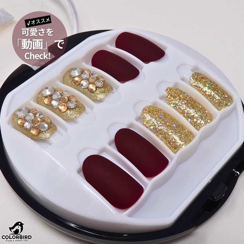 COLORBIRD NAILFAIRY (041ZF) Nail Tips, Short, Burgundy Red, Gold, Cute,