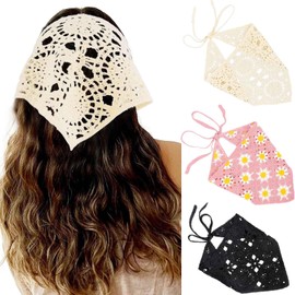 Acenail Crochet Hair Bandanas Women Floral Hair Scarf Tie Back Bandana Headband Knitted Head Kerchief Headbands Elastic Wide Knit Head Wraps Summer Boho Hair Accessories for Women 3 Pcs (Floral)