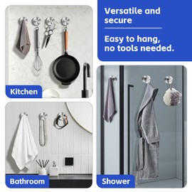 KaloTidy Heavy-Duty Suction Cup Hooks for Shower, Bathroom, Glass, Smooth Tile – Waterproof, Rustproof, Removable, Strong Hold, No-Drill Hooks for Towels, Loofah, Robes (Brushed Silver, 3-Pack)