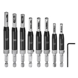 sourcing map 8pcs Self Centering Drill Bit Set 5/64-1/4" 5mm, 1/4" Hex Shank Drilling Bits for Wood Working, Cabinet Door Hinge Hole Punch Tool Self Center with Hex Keys L-Shaped, Black