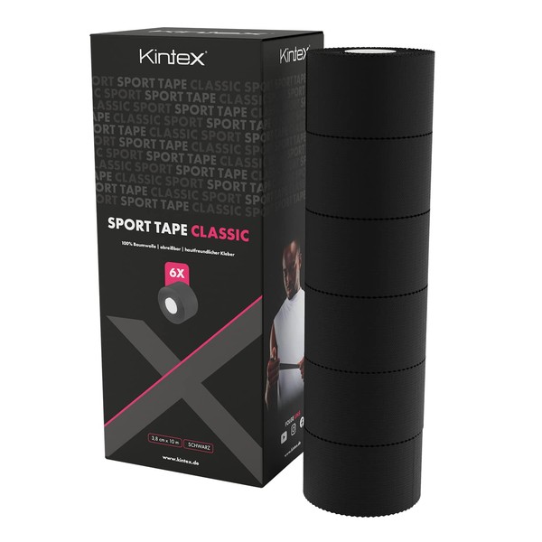 Kintex 6 Rolls Sports Tape, 3.8 cm x 10 m, Non-Elastic, Rigid Tape, for Fixing and Stabilizing Joints, Finger Tape, Tape Bandage, Skin-friendly, Tearable (Black)