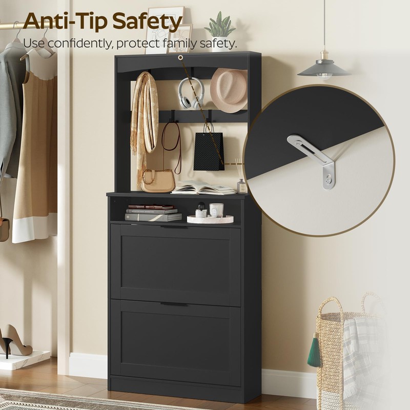 YATINEY Tall Shoe Cabinet with Flip Drawers and Coat Rack,