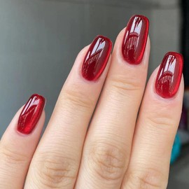 Medium Press on Nails Square Fake Nails with Cat Eye Designs Solid Color Nails Press ons Glossy Glue on Nails Red Acrylic Nails Daily Wear Nature False Nails Artificial Stick on Nails for Women 24Pcs