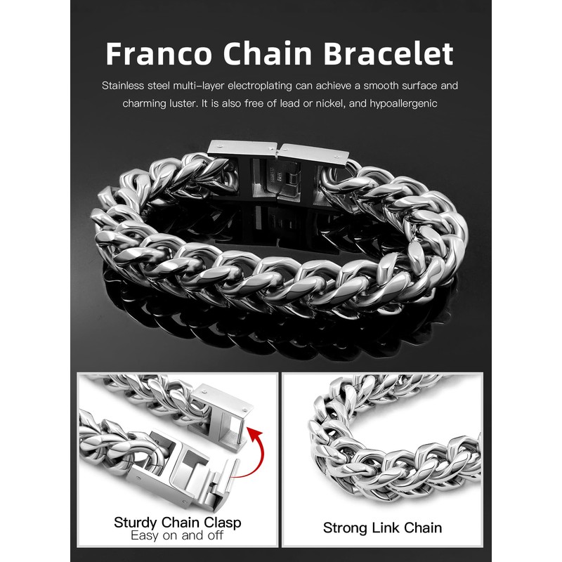 Mens Stainless Steel Franco Chain Bracelet 10MM Link Bracelets, Fold