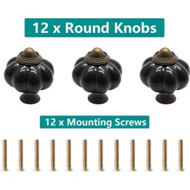 Cjueiom 12 Pack Ceramic Door Knobs Black Drawer Knobs, Pumpkin Ceramic Knobs Vintage Cupboard Knobs with Mounting Screws, Antique Wardrobe Pull Handles Kitchen Cabinet Knobs for Dresser