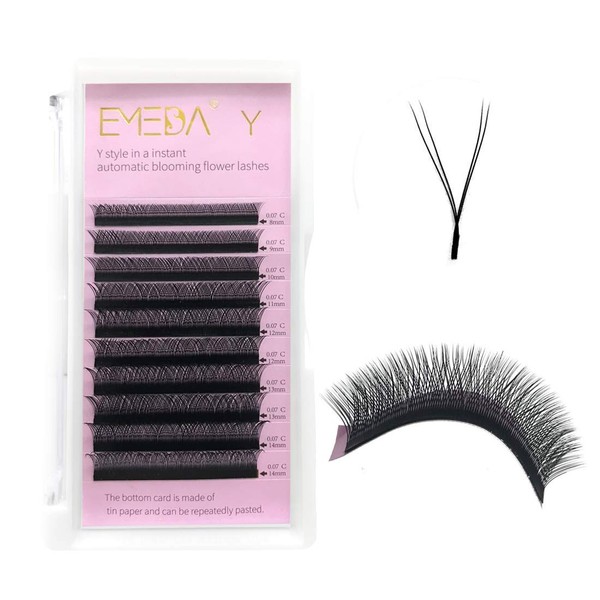 EMEDA Y Eyelash Extensions, D Curl, .07 mm, Prefabricated Volume, 2D Fan Eyelash Extensions, .07 Mix YY Type, Soft Artificial Eyelash with Long Handle, 12 mm, Accessories from EMEDA (D 12 mm)