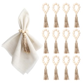Napkin Rings Set of 12, Wooden Napkin Rings Bulk, Boho Rustic Wood Beaded Napkin Ring with Jute Rope Tassels for Christmas Farmhouse Wedding Graduation Thanksgiving Home Dining Table Party Decoration
