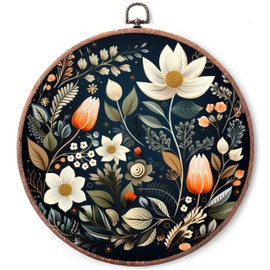 Vintage Floral Wall Art Decor, Botanical Canvas Prints, Round Framed Mid Century Modern Wall Decor for Bedroom Living Room Kitchen, 10x10 Inch Vintage Flower Artwork-A03