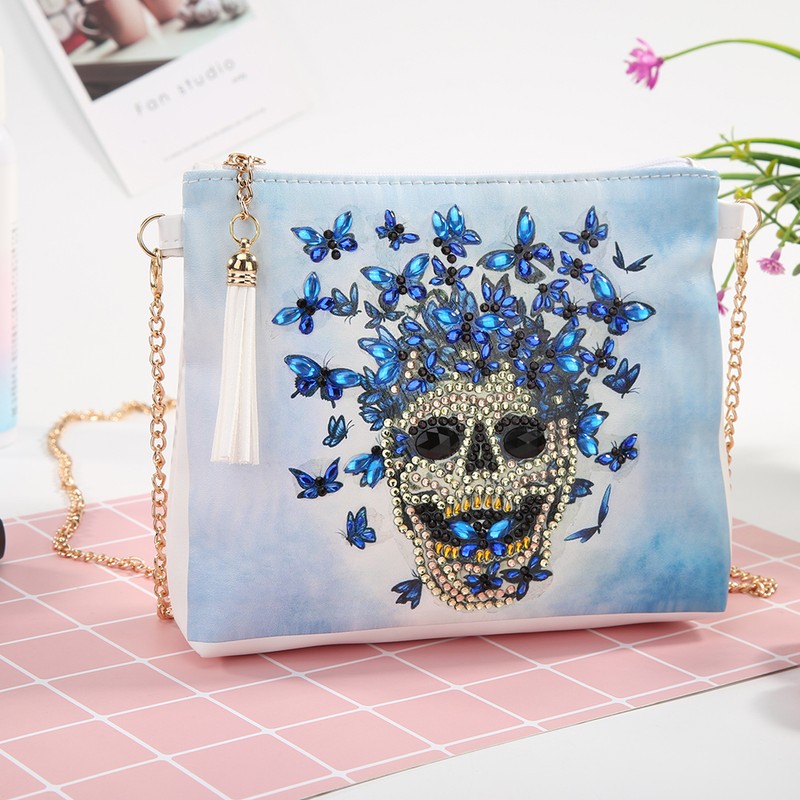 Diamond Painting Wallet White PU Leather Skull Pattern Chain Bag