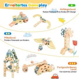 Hawthyhome Wooden Construction Toy Children, Construction Toy Construction Game 56 Pieces, Wooden Building Toy for Children, Construction Set Wooden Toy Building Tools for Boys and Girls from 3 Years