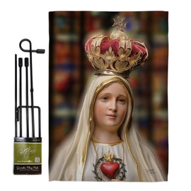 Our Lady of Fatima Garden Flag Set with Stand Religious Faith Hope Grace Peace Dove Christian Religion Easter Small Decorative Gift Yard House Banner Made In USA 13 X 18.5