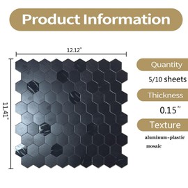XUANINY 10-Metal Peel and Stick Backsplash Tiles, Aluminum Mosaic Sticker for Kitchen Wall Decor Hexagon Design Frosted 3D Wall Sticker(11.02"x11.5") (Black Brushed 10)