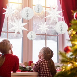 MIAHART 8 Pack Christmas Hanging Star Decoration 4 Pcs 9-Pointed Star Lanterns with 4 Pcs Honeycomb Ball 3D White Hanging Paper for Wedding Birthday Baby Shower Celebration Party Decoration