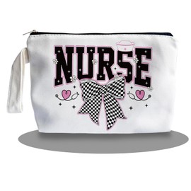 SQQCMM Bow Nurse Makeup Bag - Trendy Nurse Themed Gifts for Lovers Girls Mom Women, Nursing Student Gifts, Canvas Zipper Makeup Bag, Cosmetic Travel Bags for Women