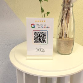 ALMATE SHOP Google Review Stand 4 x 6 inch - Double Sided T Shape NFC & QR Tap Stand - for All Businesses - Easy Setup, All Phones Compatible (White, 1 Stand)