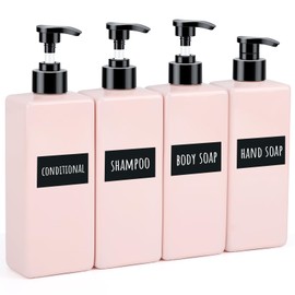 Segbeauty Soap Dispenser Set, 4 Pack of 16.9oz Shower Bottles Refillable with Labels, 500ml Plastic Square Shampoo and Conditioner Bottles for Bathroom, Empty Hand and Dish Soap Dispenser for Kitchen