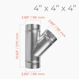 HVAC OV 45° Degree Ø4 x 4 x 4 Inch Wye-Shape Duct Splitter - Metal 3 Way Fitting Pipe Adapter - Galvanized Steel - Spiral Duct Hose Dryer Connector - for Home or Industrial HVAC Exhaust, Intake