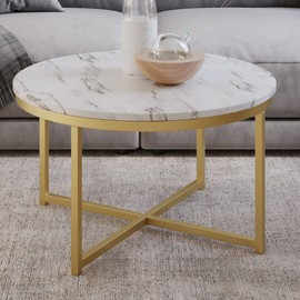 Coffee Table with Faux Marble Top - Modern Round Accent Table with Metal Crossbeam Base - Coffee Tables for Living Room by Lavish Home (White/Gold)