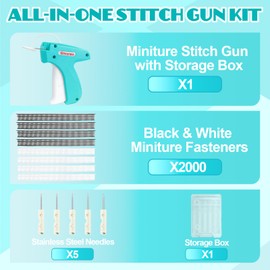 Givurao Stitchy Gun for Clothes, Handheld Stitch Gun Quick Clothing Fixer Micro Sewing Tagging Gun for Clothing Includes 5 Needle 1000 Black Fasteners 1000 White Fasteners (Blue）