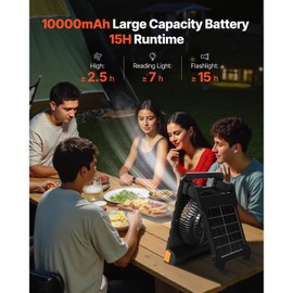 Happybuy 10000mAh Rechargeable Solar Fan with LED Lantern – 7-Inch Portable Cordless Fan with 4W Foldable Solar Panel, 4-Speed Cooling, Timer & Quiet Operation for Camping, Worksite & Indoor Use