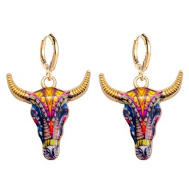 QLUYCKW Western Cowgirl Earrings Bohemia Colored Enamel Animal Bull Cow Herd Head Flowers Charm Cow Head Dangle Drop Earrings Ethnic Vintage Jewelry for Women Gift (002)