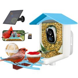 64GB Smart Bird Feeder with Camera Solar Powered, 2K 3MP HD Live Video &Playback on Phone, AI Identify +10,000 Bird Species, 2.4G WiFi Bird Feeder Camera Wireless Outdoor House-Bird Watching (Blue)