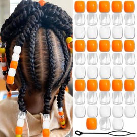 VENOFEN 48PCS Orange Hair Beads Loc Dreadlock Jewelry White Clear Pony Beads Mixed Color Hair Decoration for Girls Cute Tube Bead Braids Accessories