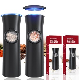 Gravity Electric salt and pepper grinder set, Automatic Salt and Pepper Mill Grinder, Battery Powered, Adjustable Coarseness, LED Light, One Hand Operation (Black 2 pack)