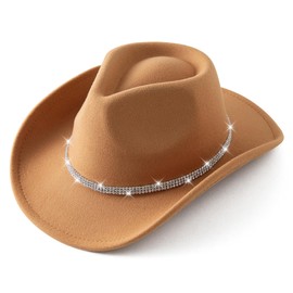 Jastore Glitter Silver Cowboy Hats for Girls Western Sparkly Rhinestone Cowgirl Hat for Kids, Camel, 6-12 Years