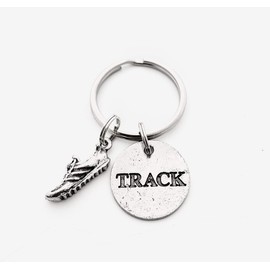 TRACK Round Pewter Pendant Key Chain - Pewter Running Shoe Charm and Round Pewter TRACK Pendant on Round Stainless Steel Key Ring