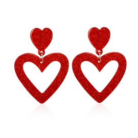 Aishgjia Summer Hot Pink Love Heart Earrings for Women Y2K Double Heart Red Dangle Earrings Lightweight Acrylic Earrings Jewelry Gifts for Valentine's Day Wife Mom (Sparkling Red)