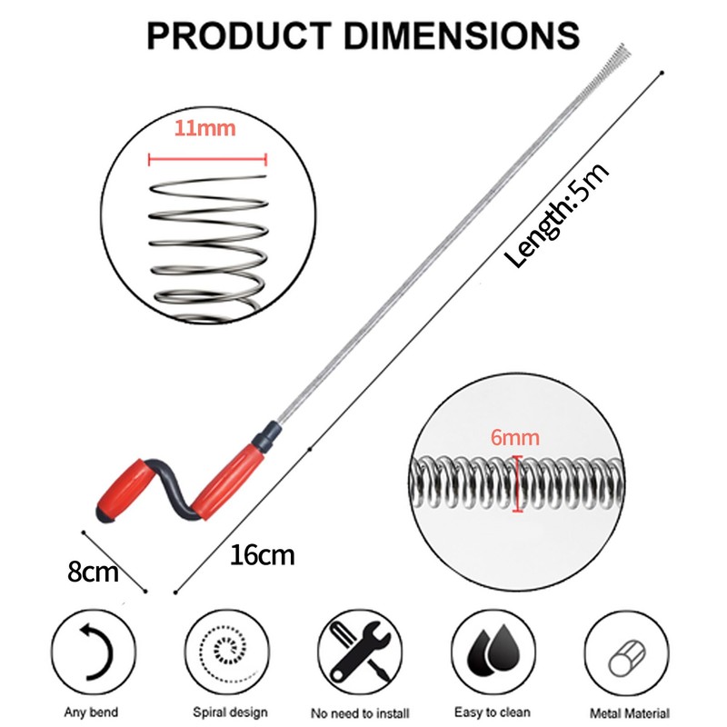 Drain Unblocker Spring Wire （5m * 6mm）Professional Kitchen Sink Unblocker
