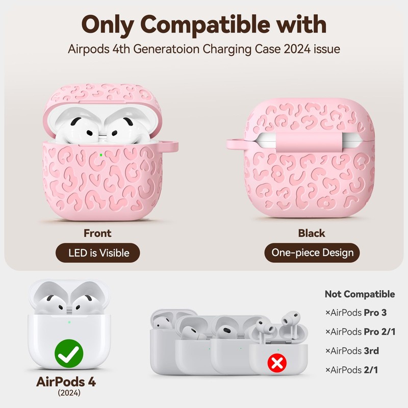 Wowwat for AirPods 4 Case Cover 2024 with Leopard Engraved,Pink