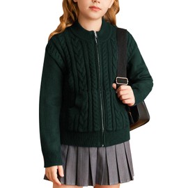 GRACE KARIN Girls Round Neck Cardigan Winter Casual Knitted Sweater with Zipper Causal Knitted Cardigan Dark Green 12 Years