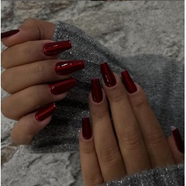 KQueenest Cat Eye Red Press On Nails Long Square, Glitter Burgundy Red Fake Nails Press Ons Extra Long Coffin, Sparkly Bling Soft Gel Glue on Nails For Women Christmas Decoration, 30 Pcs