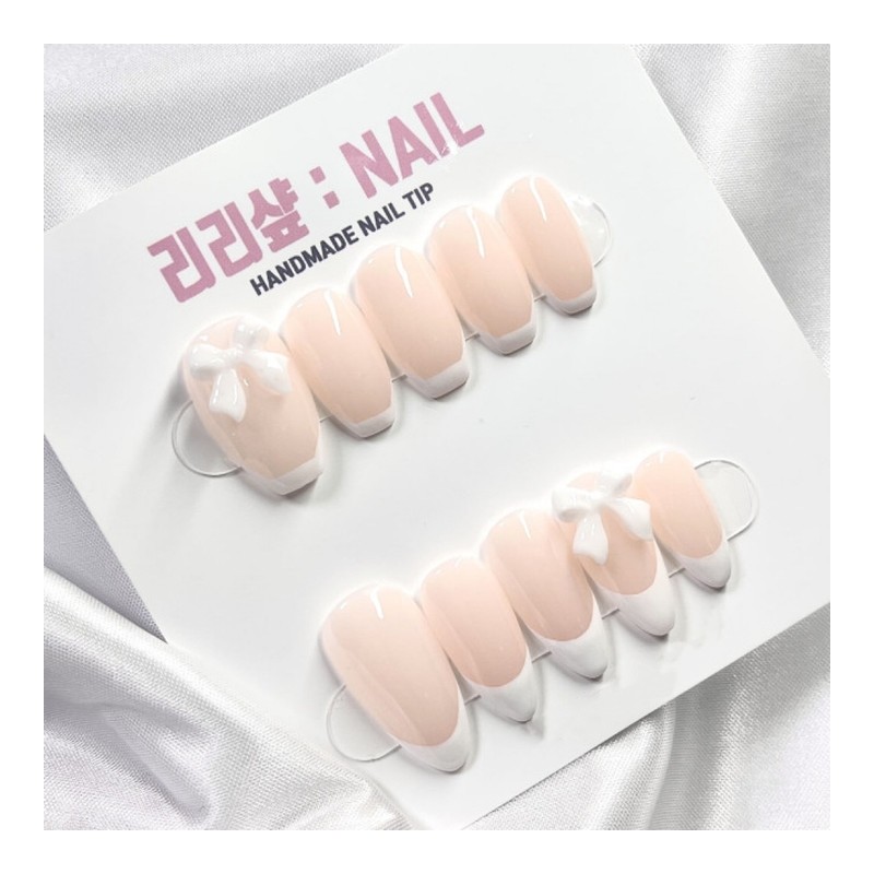 White Ribbon Handmade Nail Tips - Coffin / 화이트 리본