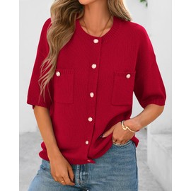 BTFBM Women Short Sleeve Cardigan Button Down Shirts Summer 2025 Crew Neck Y2k Sweater Business Casual Work Knit Tops(Red, Large)