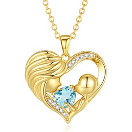 FANCIME Gold Mum Birthstone Necklace Aquamarine Mother and Child Love Heart Necklace I Love You Mum Gifts Mother's Day Gifts March Jewellery Gifts for Grandmother Mum Wife, 16"+2" Inches