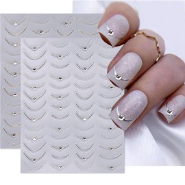 French Nail Stickers - 3D Self-Adhesive Rhinestones Nail Art Decals for Women, Gold Silver Line Gems for French Manicure, Perfect for Nail Art Design, 2 Sheets