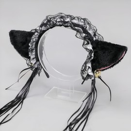 [kuroobaa] Cat Ear Headband Lolita Style Ruffle Headband with Bell Lolita Cosplay Costume Accessory (Black x White)