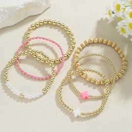 Luolinice Cross Bracelet for Women 14K Gold Beaded Bracelets Stack Bracelet Non Tarnish Beaded Cross Bracelet Gold Jewelry for Women (6pieces - Pink)