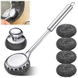 SiliFine 6 Pack Stainless Steel Scrubber with Handle, Silver Stainless Steel Pan Cleaner Deep Cleaning Scrubber for Dishes Tableware Home Kitchen Cast Iron, Stock Pots, Pans