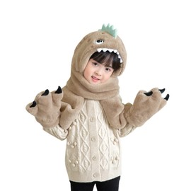 LONTG Kids Hooded Scarf and Gloves Set 3 In 1 Winter Hat Scarf and Gloves Cute Cartoon Dinosaur Earflaps Hat Long Scarfs with Mittens Neck Warmer Plush Shawl Wraps for Boys Girls 3-8 Years Old