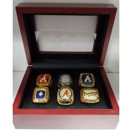 Atlanta Braves - World Series and NL Pennant 6 Ring Set With Wooden Display Box