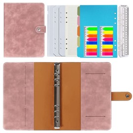 HotKrump Ringbuch a5 Nachfüllbar,PU Leder Nachfüllbares Notizbuch Ringbuch A5 Tagebuch Karierte Papier Echtleder Innentaschen für Reisearbeit und Organizer,Geschenk für Mädchen, Jungen (Rosa 23x17cm)